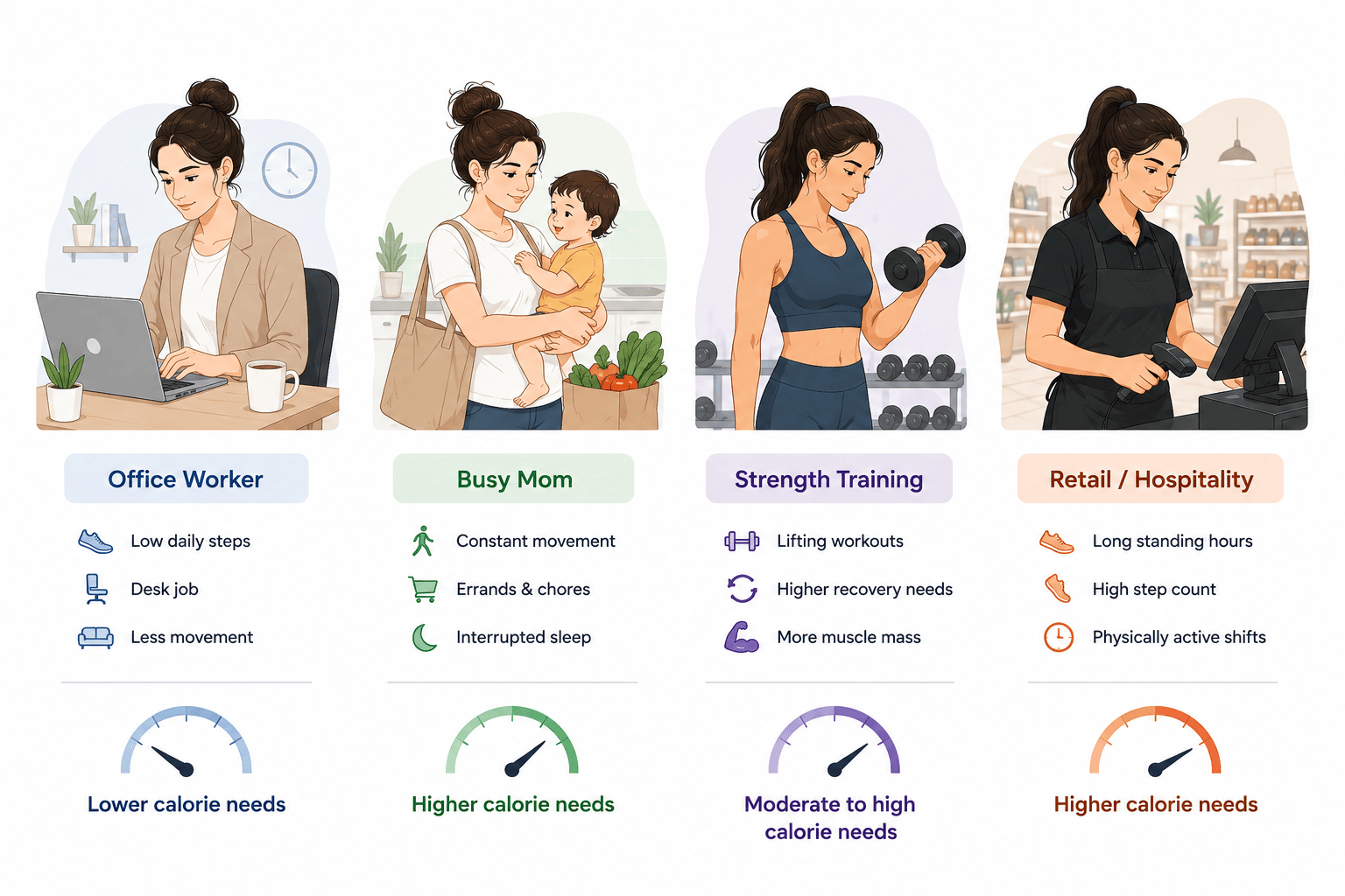Infographic showing how lifestyle, activity level, muscle mass, and habits affect calorie needs for women